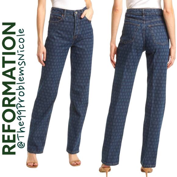 Reformation Cynthia Geo Print High Waist Straight Leg Jeans In Disco - Picture 1 of 9